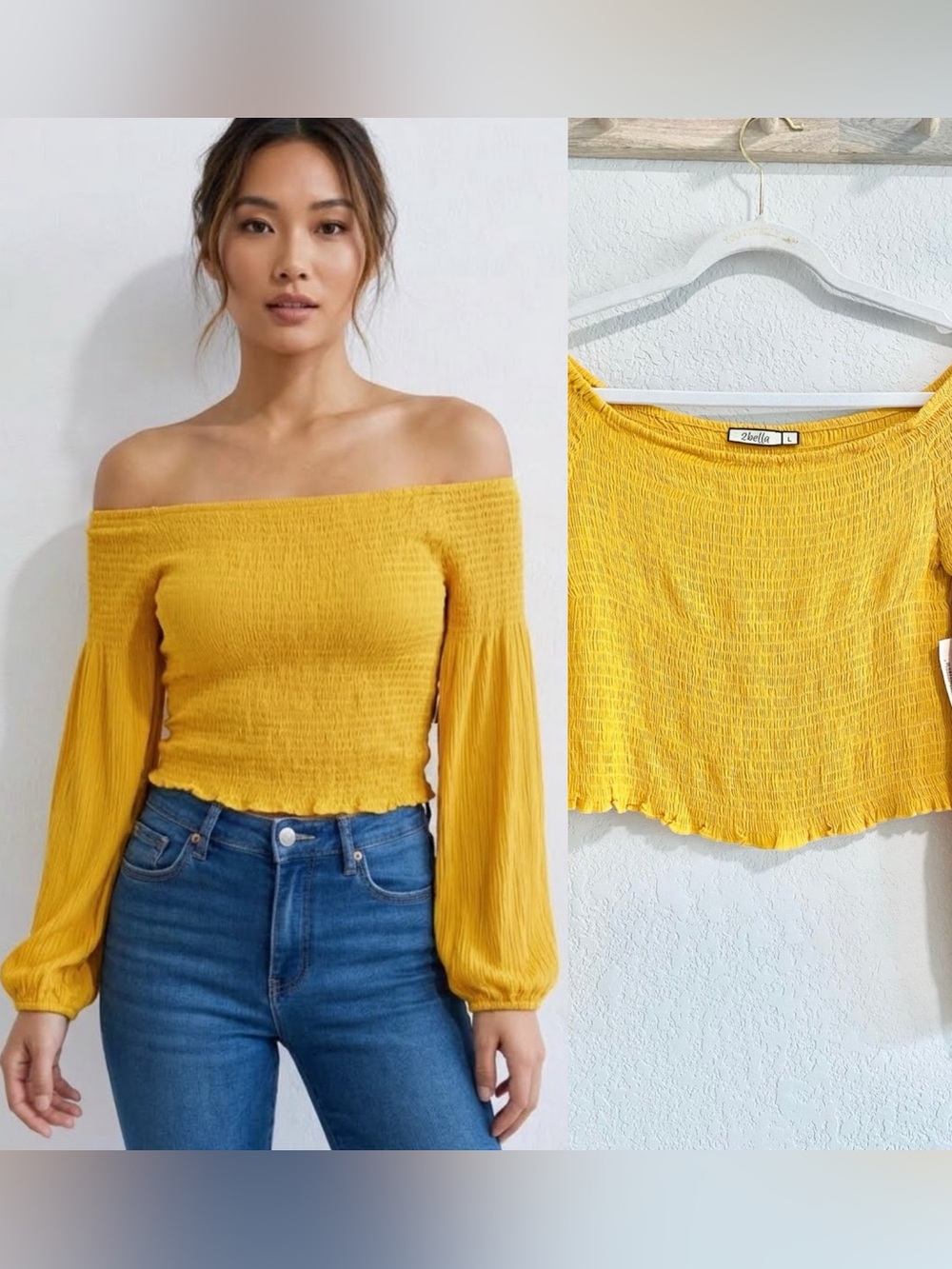 NWT 2Bella Boutique Smocked Off The Shoulder Top Blouse Mustard Yellow Vici